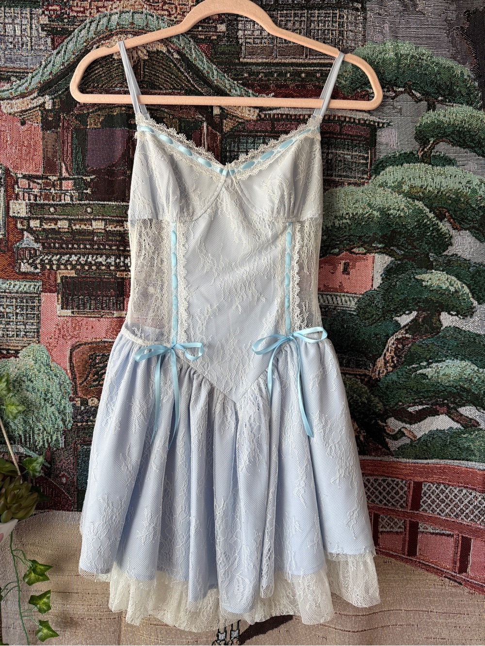 Cider Pale Blue Lace Chemise with Cream Trim and Bow Details